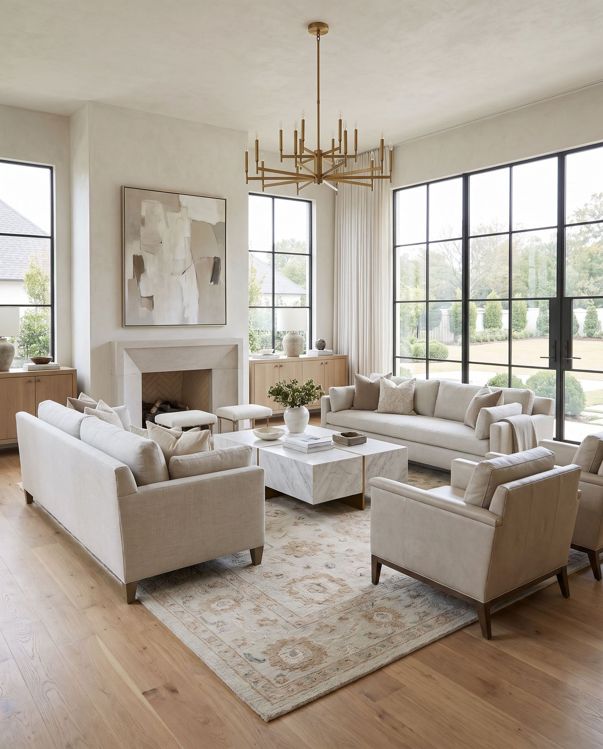 Serkomen Hand Tufted Rug styled in an elegant designer living room — hand tufted traditional area rug in warm neutral tones
