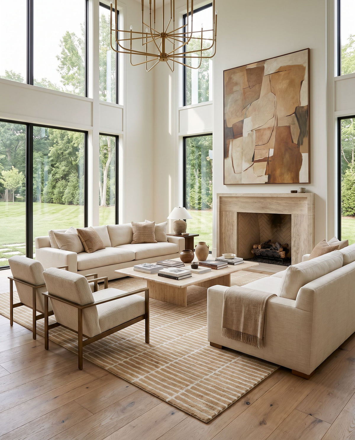 Skopelos Hand Tufted Rug as the centerpiece of a bright luxury living room — a hand tufted modern area rug in warm neutral tones
