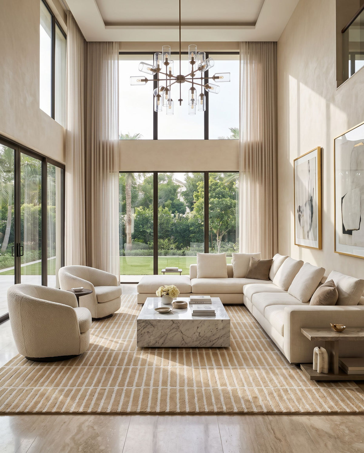 Skopelos Hand Tufted Rug styled in an elegant designer living room — hand tufted modern area rug in warm neutral tones
