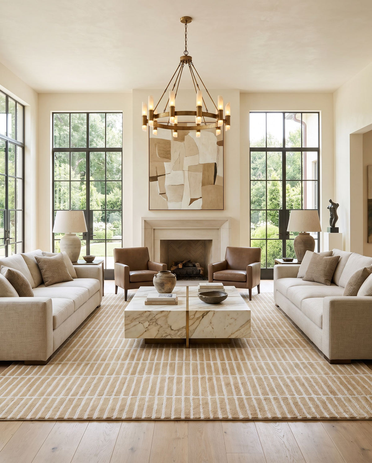 Skopelos Hand Tufted Rug styled in an elegant designer living room — hand tufted modern area rug in warm neutral tones