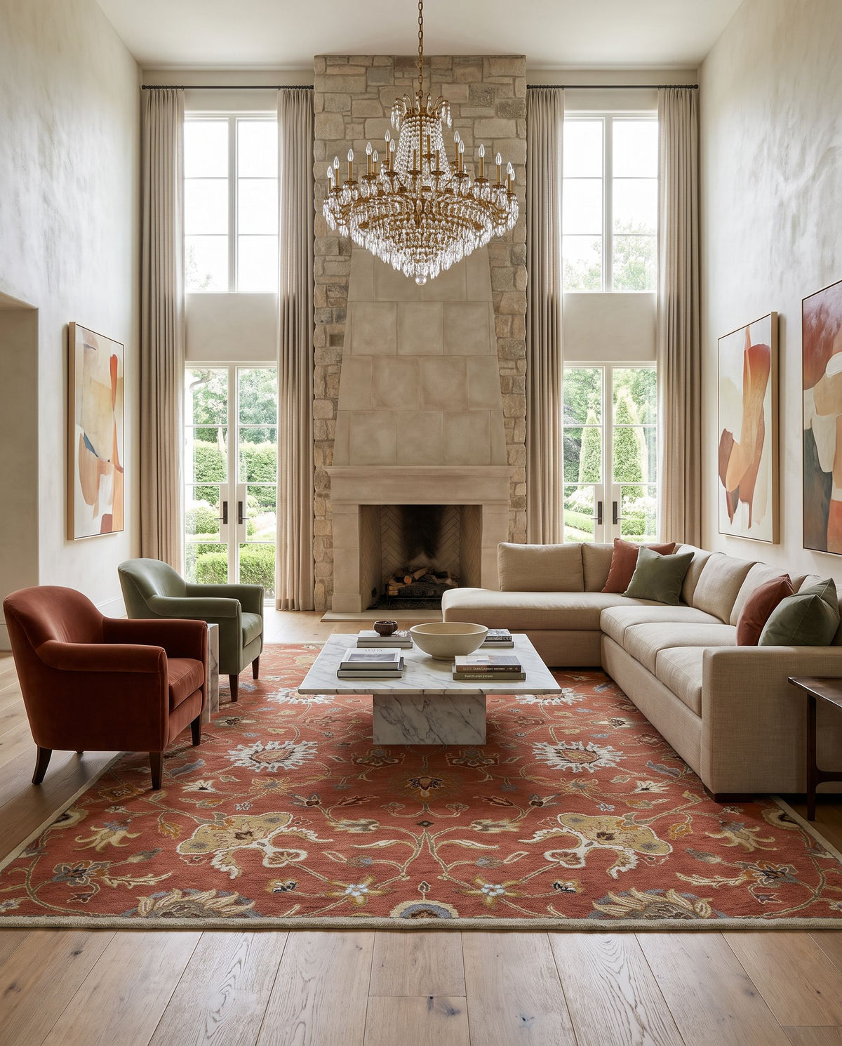 Solstice Hand Tufted Rug styled in an elegant designer living room — hand tufted traditional area rug in dusty pink, ivory, camel and sky blue tones