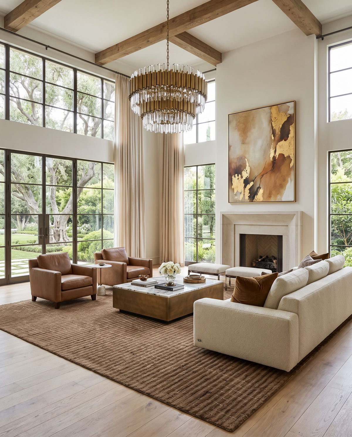 Silje Hand Tufted Rug as the centerpiece of a bright luxury living room — a hand tufted global area rug in warm neutral tones