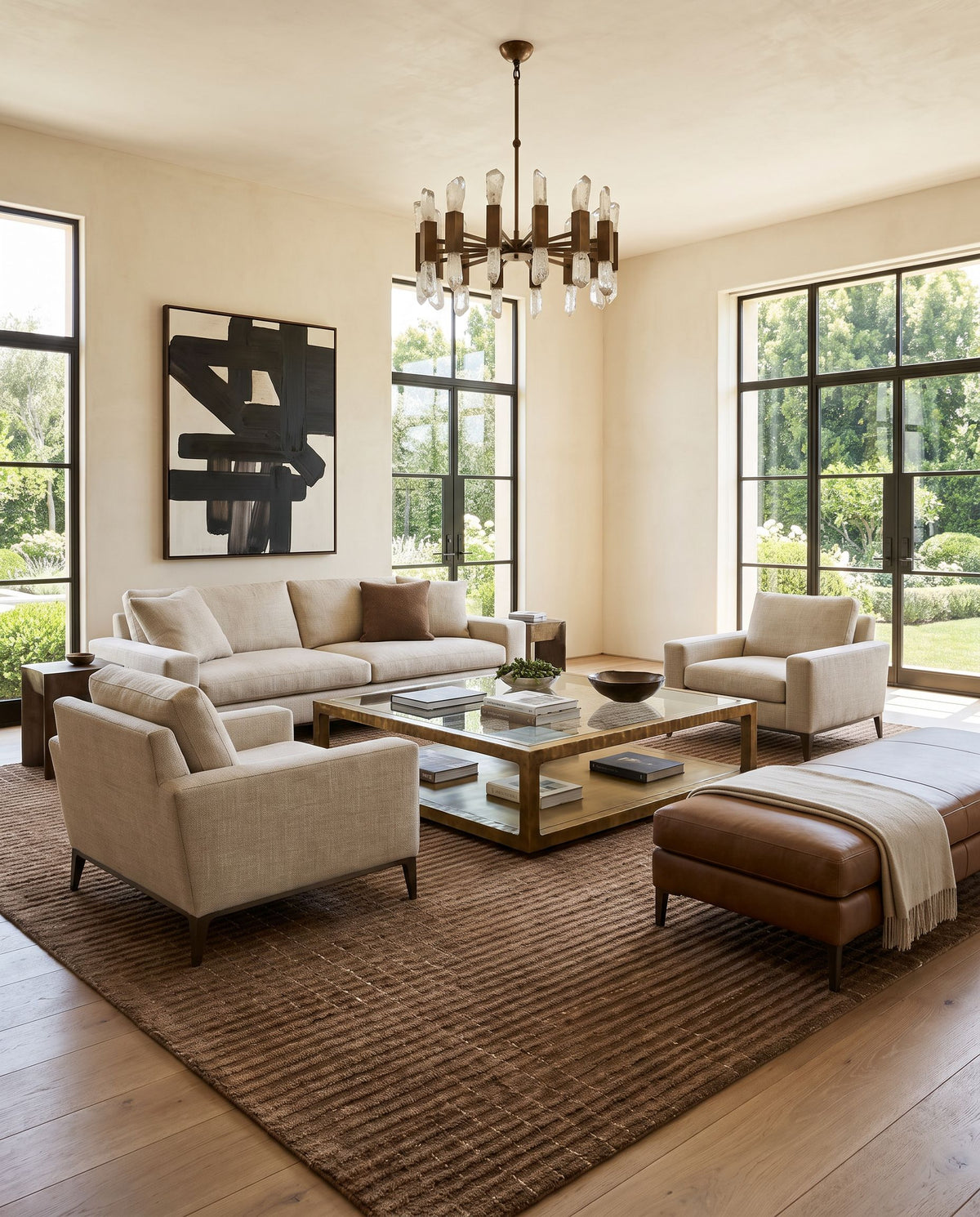 Silje Hand Tufted Rug styled in an elegant designer living room — hand tufted global area rug in warm neutral tones