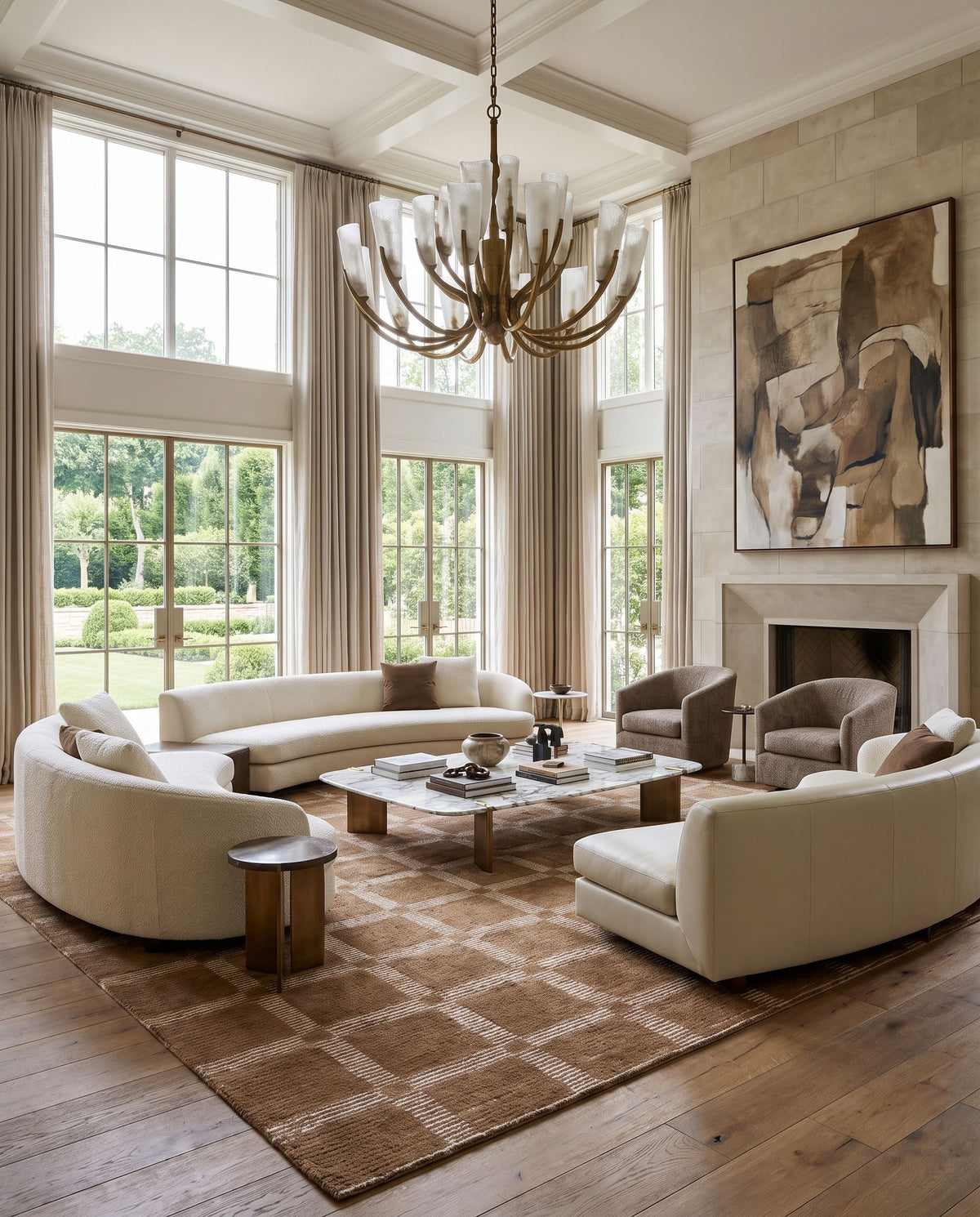 Solveig Hand Tufted Rug styled in an elegant designer living room — hand tufted modern area rug in taupe, ivory, camel and tan tones