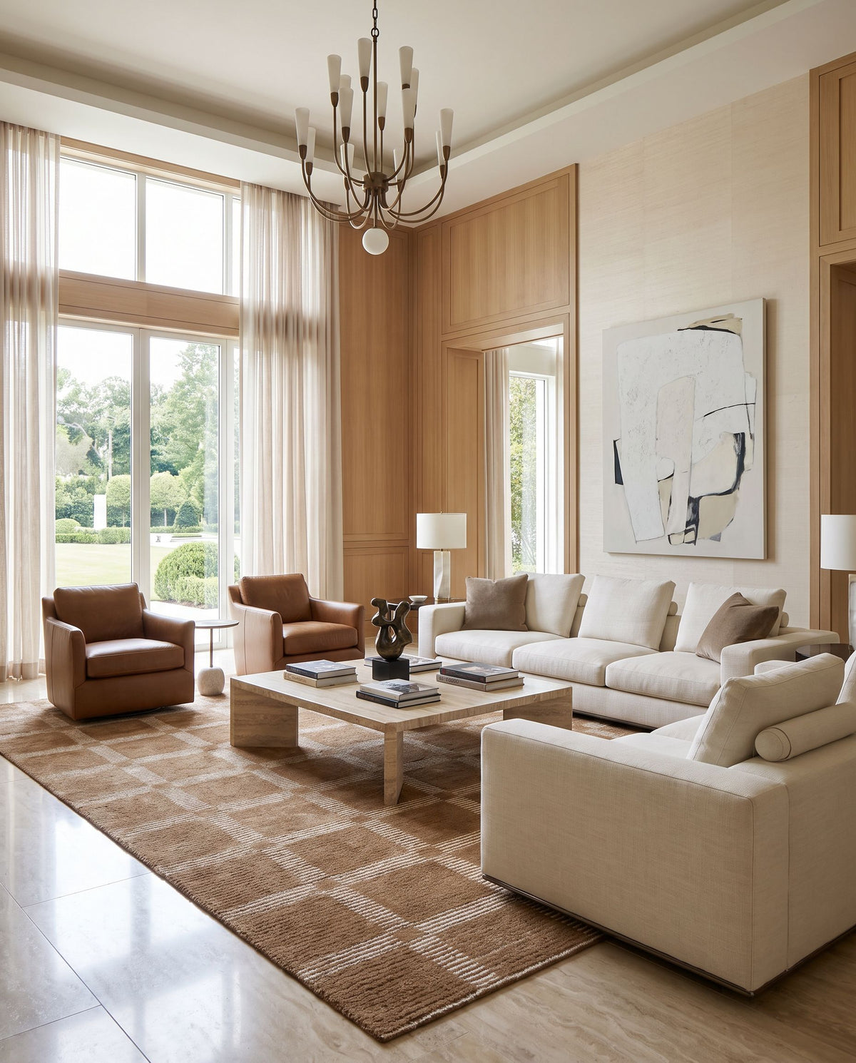 Solveig Hand Tufted Rug styled in an elegant designer living room — hand tufted modern area rug in taupe, ivory, camel and tan tones