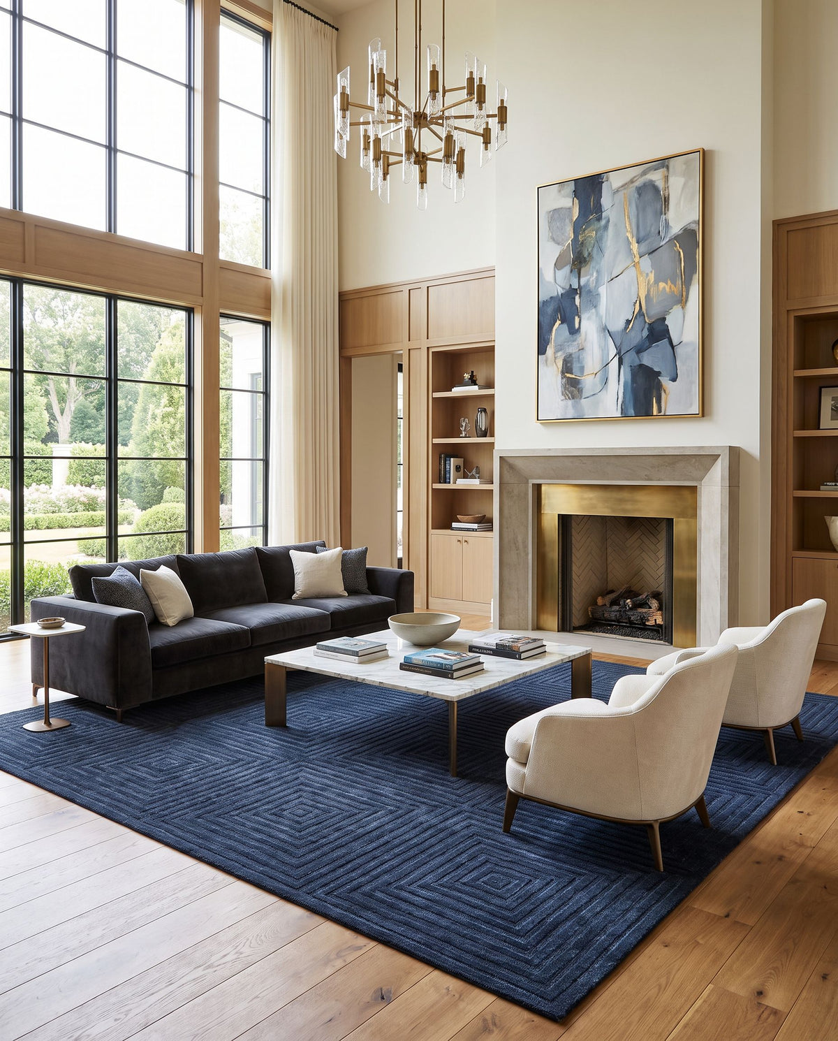Samos Hand Tufted Rug styled in an elegant designer living room — hand tufted global area rug in warm neutral tones