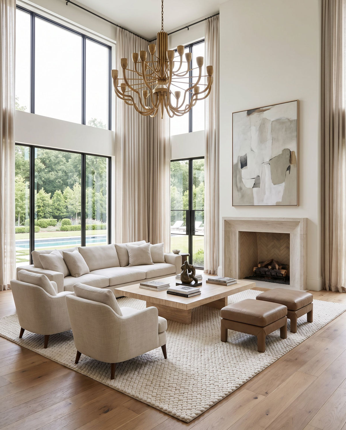 Sifnos Hand Woven Rug as the centerpiece of a bright luxury living room — a hand woven global area rug in ivory tones