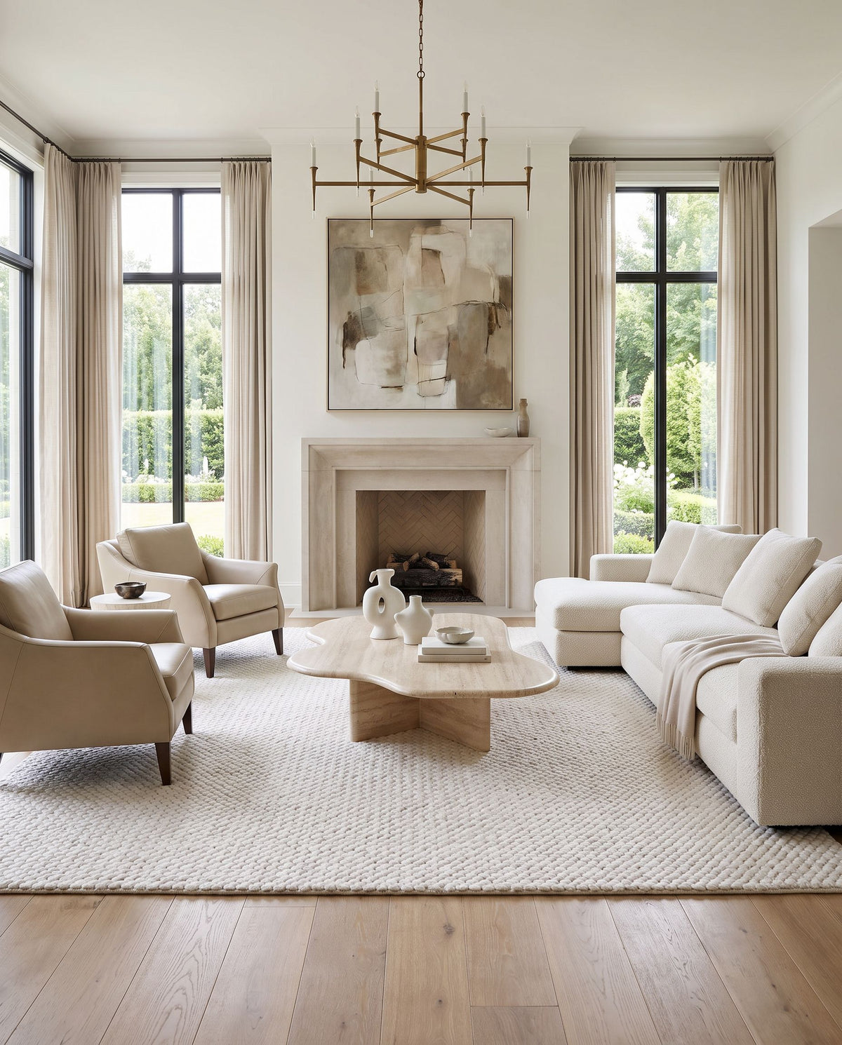 Sifnos Hand Woven Rug styled in an elegant designer living room — hand woven global area rug in ivory tones