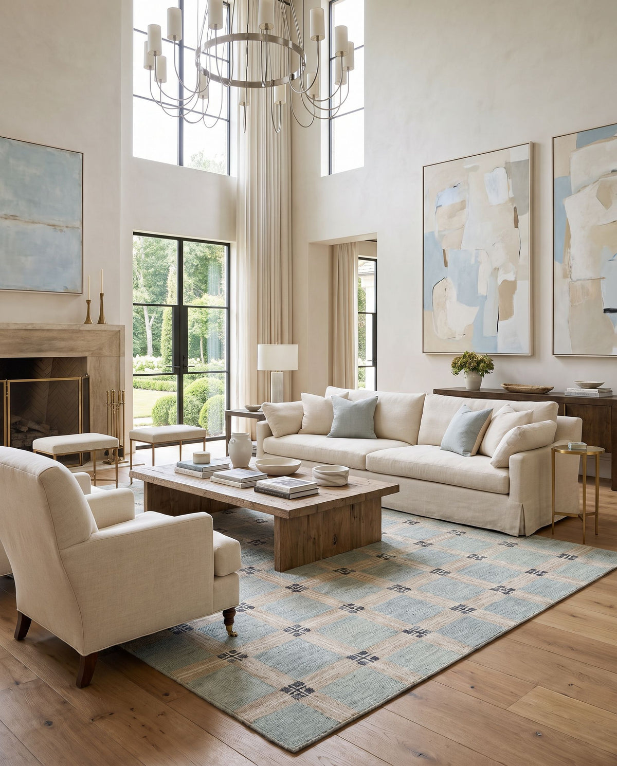 Sarayli Hand Tufted Rug as the centerpiece of a bright luxury living room — a hand tufted modern area rug in warm neutral tones