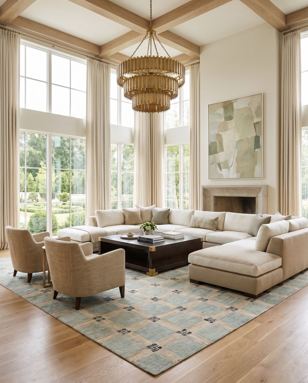 Sarayli Hand Tufted Rug styled in an elegant designer living room — hand tufted modern area rug in warm neutral tones