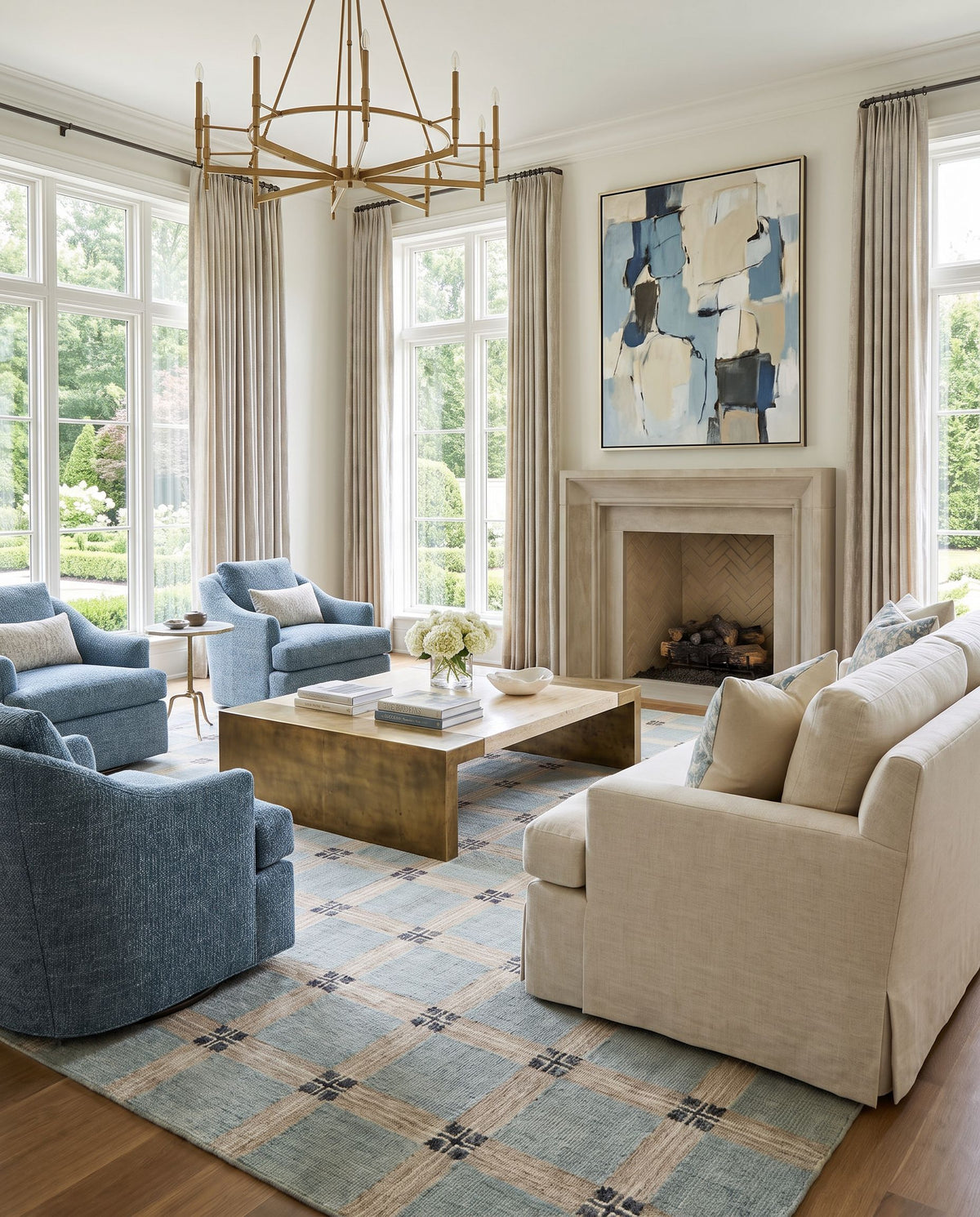 Sarayli Hand Tufted Rug styled in an elegant designer living room — hand tufted modern area rug in warm neutral tones