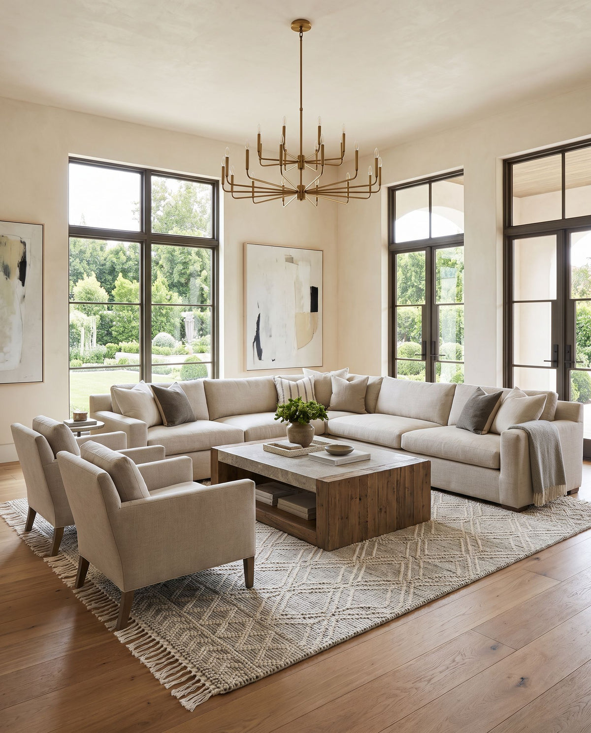 Sestri Hand Woven Rug styled in an elegant designer living room — hand woven global area rug in cream and black tones