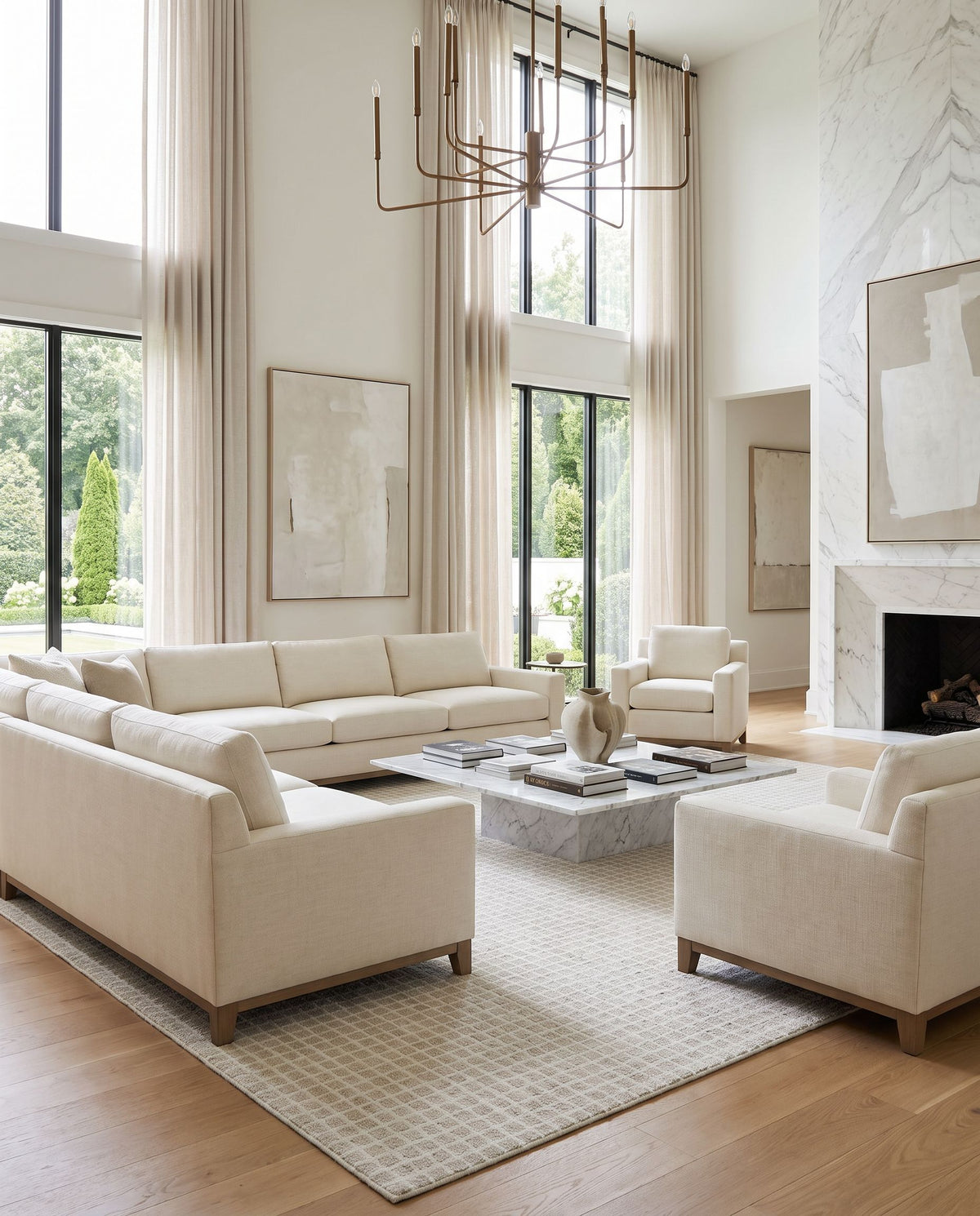 Sultanhani Hand Tufted Rug as the centerpiece of a bright luxury living room — a hand tufted area rug in ivory, pearl and dove gray tones