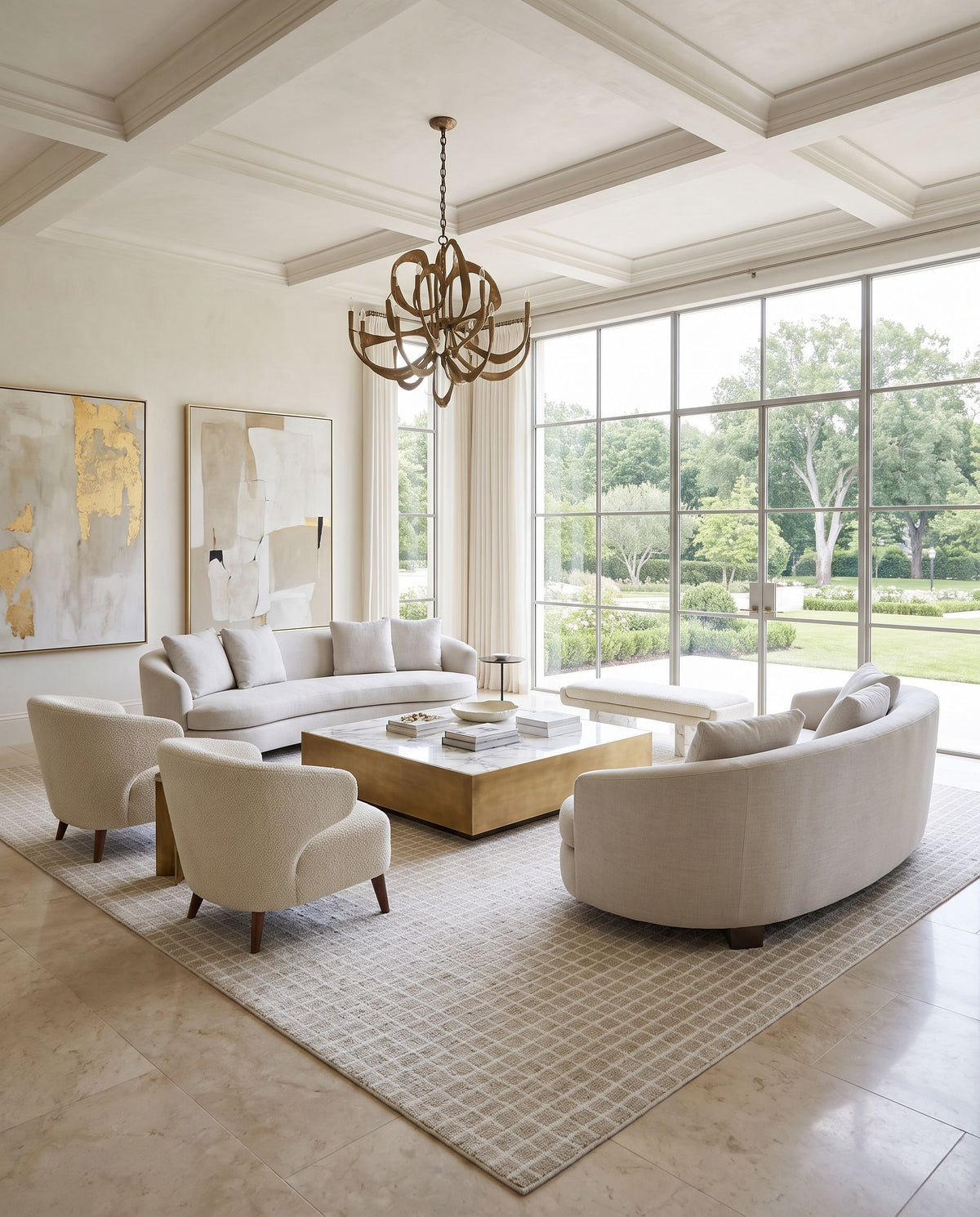 Sultanhani Hand Tufted Rug styled in an elegant designer living room — hand tufted area rug in ivory, pearl and dove gray tones