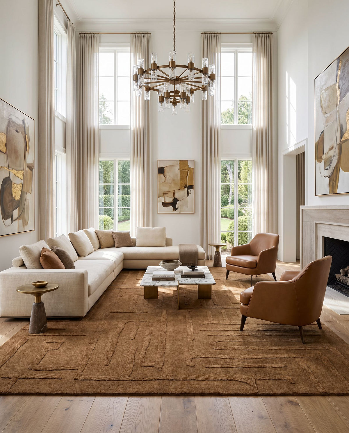 Symi Hand Tufted Rug styled in an elegant designer living room — hand tufted modern area rug in warm neutral tones