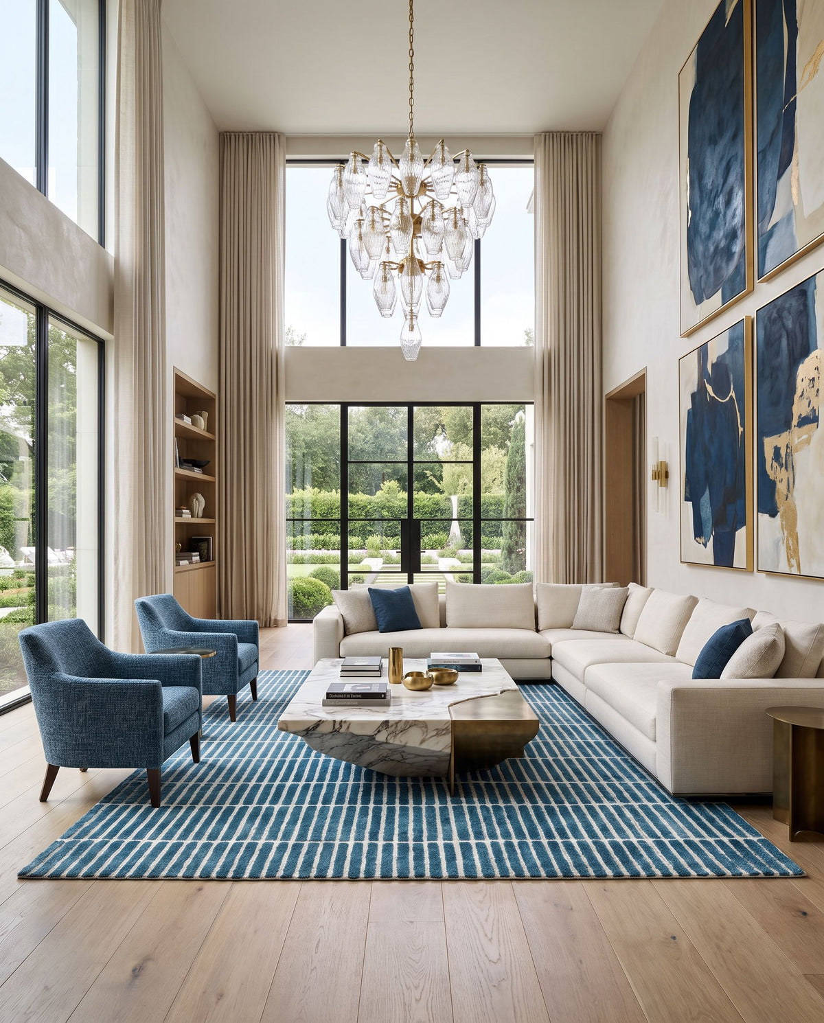 Tinos Hand Tufted Rug styled in an elegant designer living room — hand tufted modern area rug in warm neutral tones