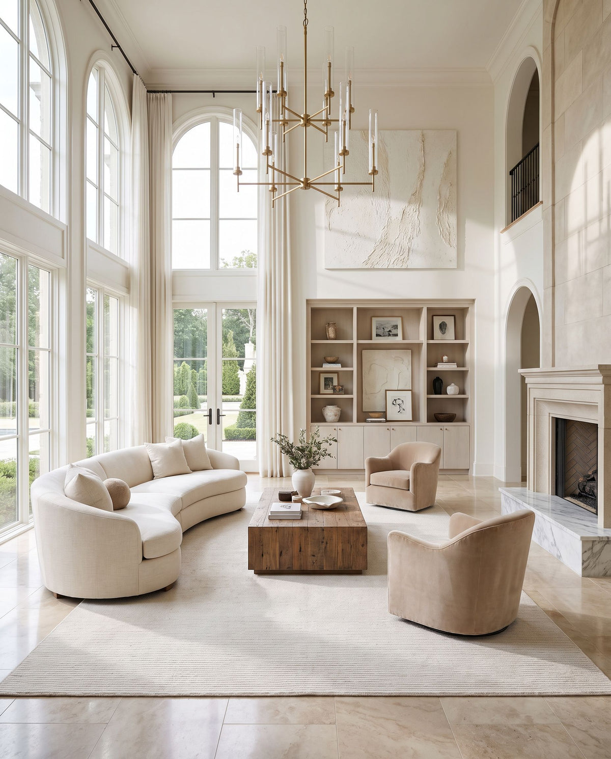 Terlingua Hand Tufted Rug as the centerpiece of a bright luxury living room — a hand tufted modern area rug in ivory, cream and pearl tones