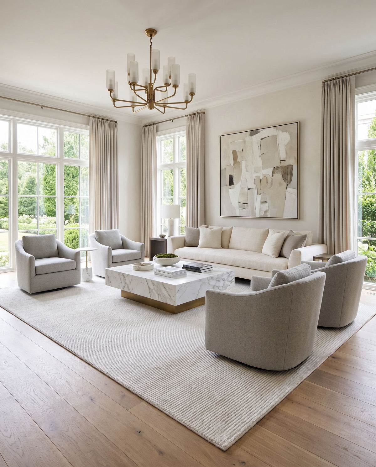 Terlingua Hand Tufted Rug styled in an elegant designer living room — hand tufted modern area rug in ivory, cream and pearl tones