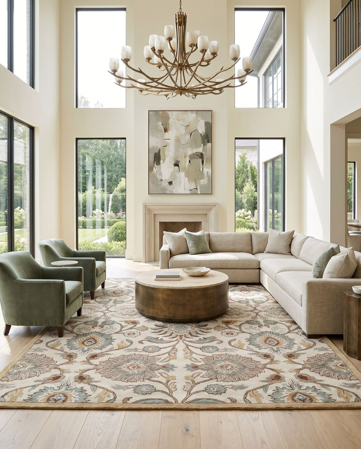 Tellaro Hand Tufted Rug as the centerpiece of a bright luxury living room — a hand tufted traditional area rug in dark brown, medium brown, lavender and tan tones