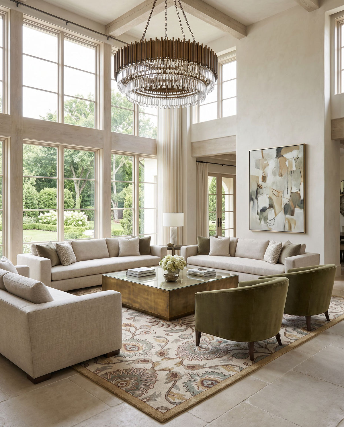 Tellaro Hand Tufted Rug styled in an elegant designer living room — hand tufted traditional area rug in dark brown, medium brown, lavender and tan tones
