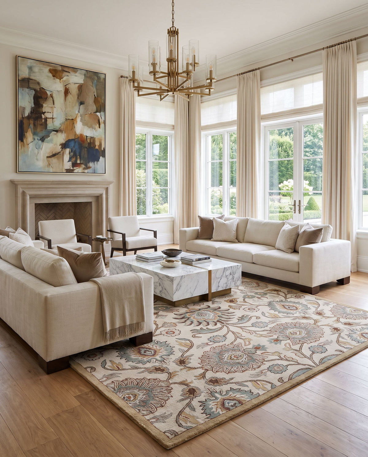 Tellaro Hand Tufted Rug styled in an elegant designer living room — hand tufted traditional area rug in dark brown, medium brown, lavender and tan tones