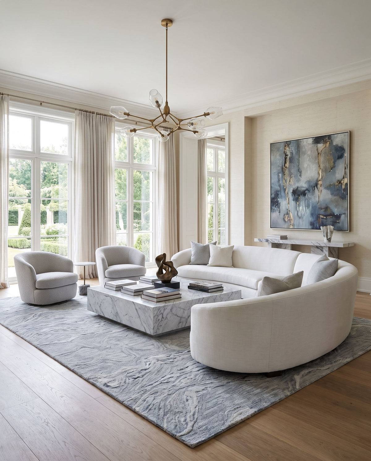 Tularosa Hand Tufted Rug styled in an elegant designer living room — hand tufted modern area rug in warm neutral tones