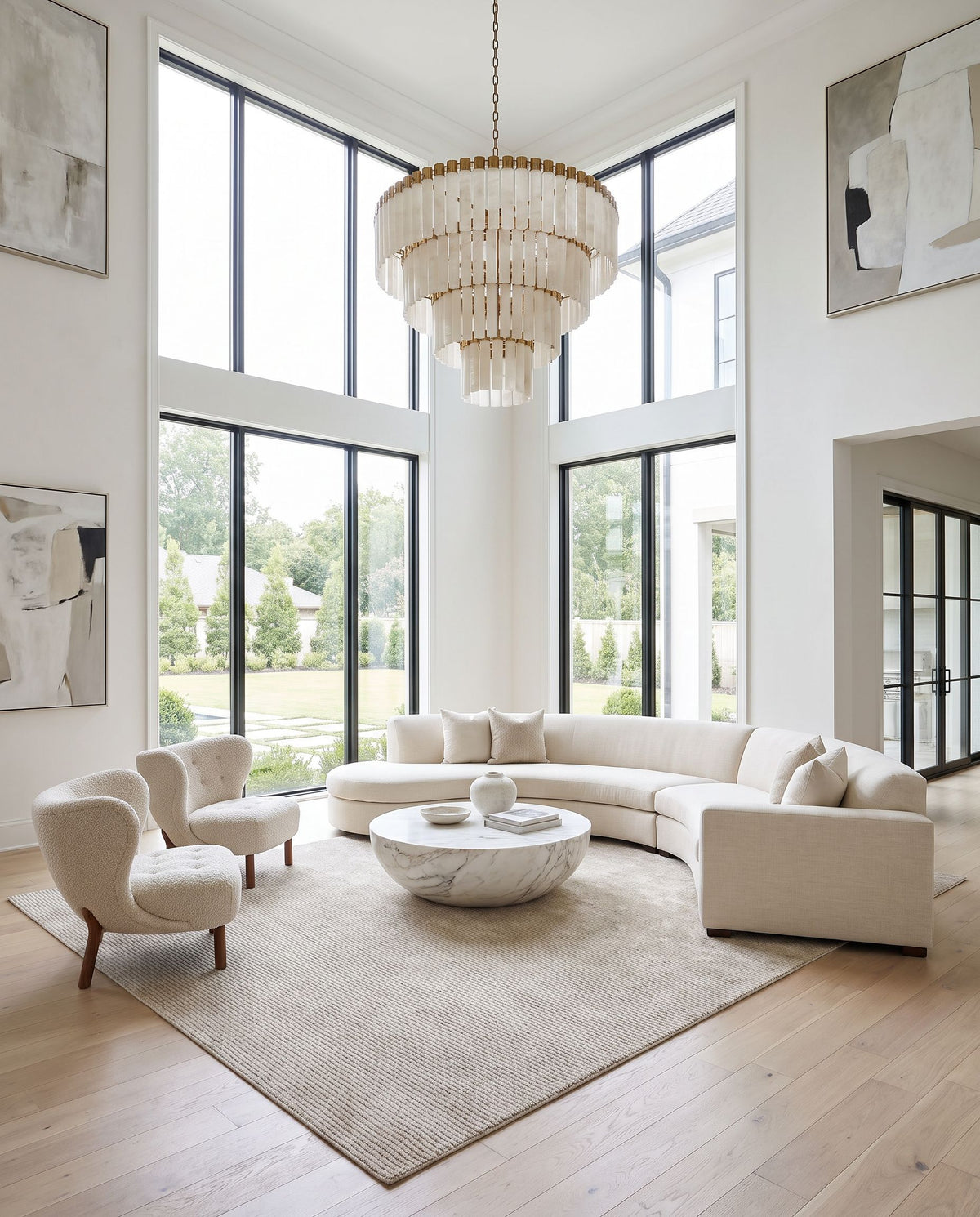Taspinar Hand Tufted Rug styled in an elegant designer living room — hand tufted modern area rug in beige, sand and cream tones