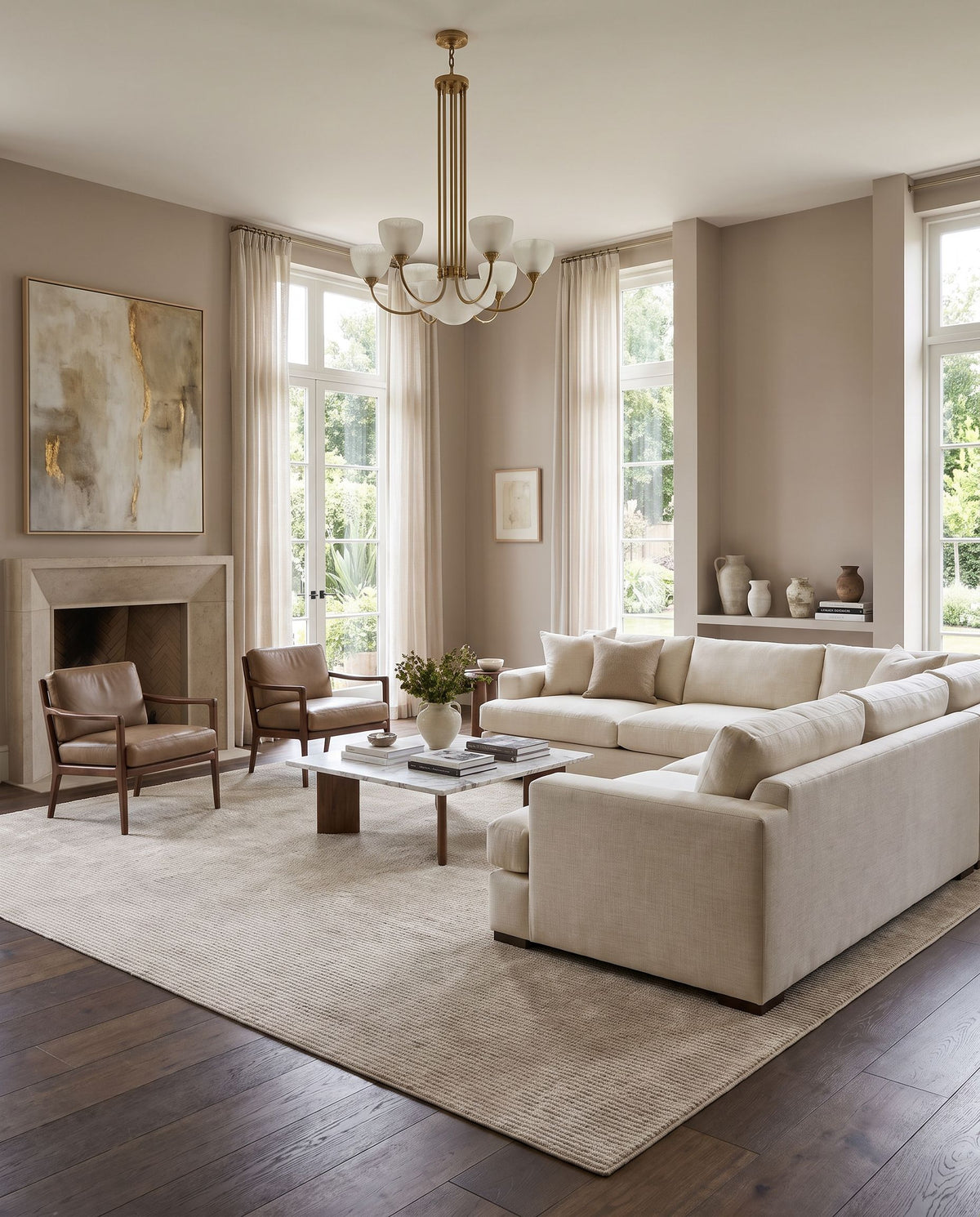 Taspinar Hand Tufted Rug styled in an elegant designer living room — hand tufted modern area rug in beige, sand and cream tones