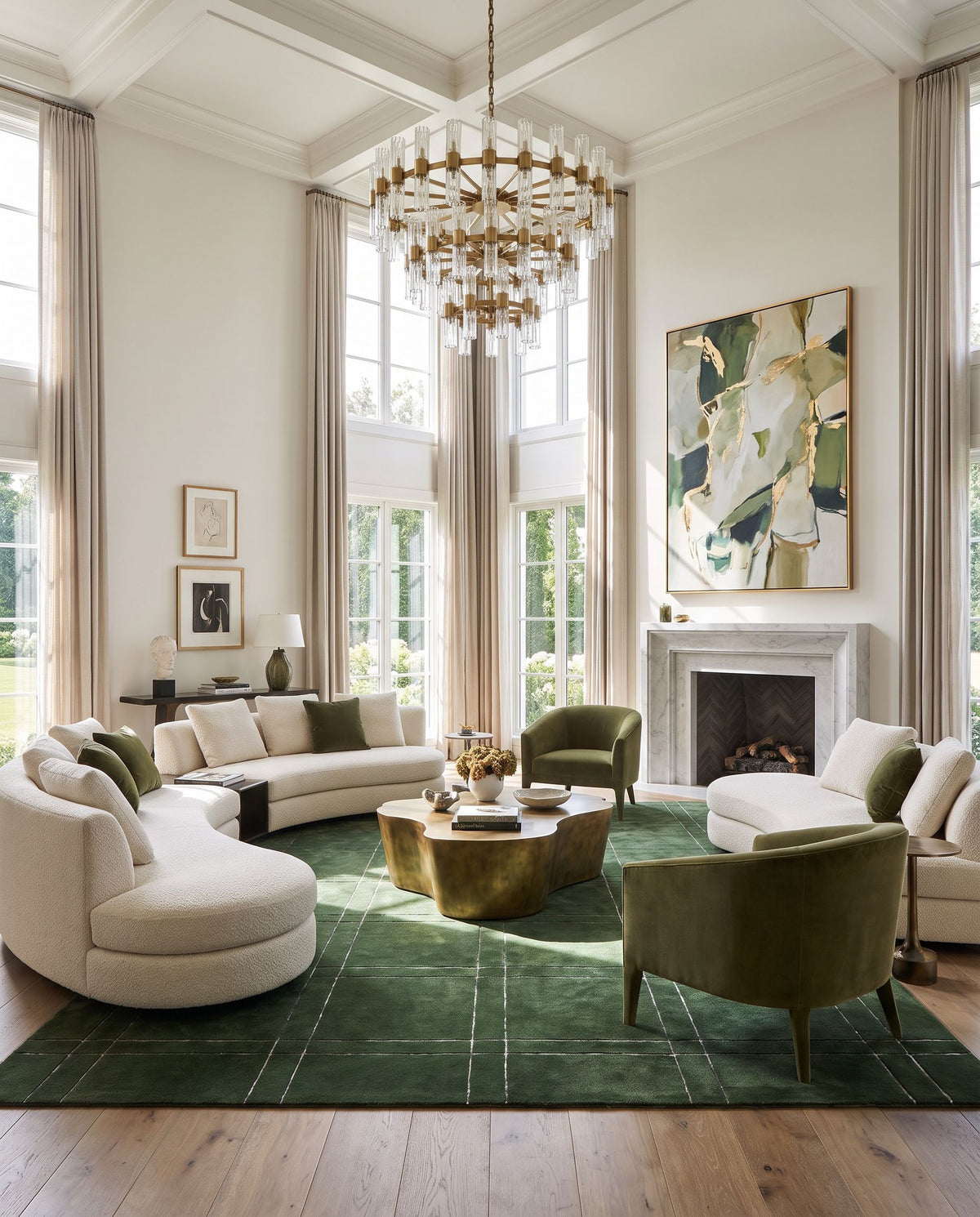 Turku Hand Tufted Rug as the centerpiece of a bright luxury living room — a hand tufted modern area rug in dark green and light slate tones