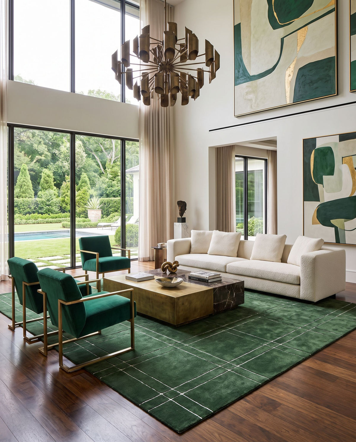 Turku Hand Tufted Rug styled in an elegant designer living room — hand tufted modern area rug in dark green and light slate tones
