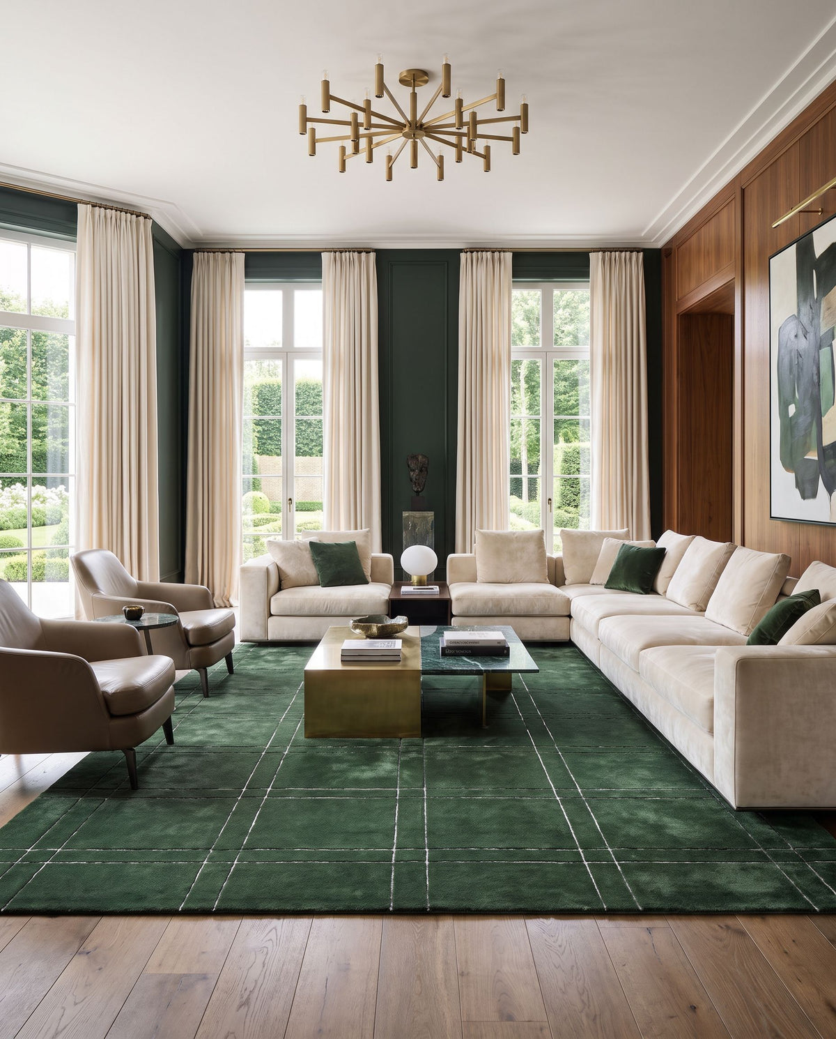 Turku Hand Tufted Rug styled in an elegant designer living room — hand tufted modern area rug in dark green and light slate tones