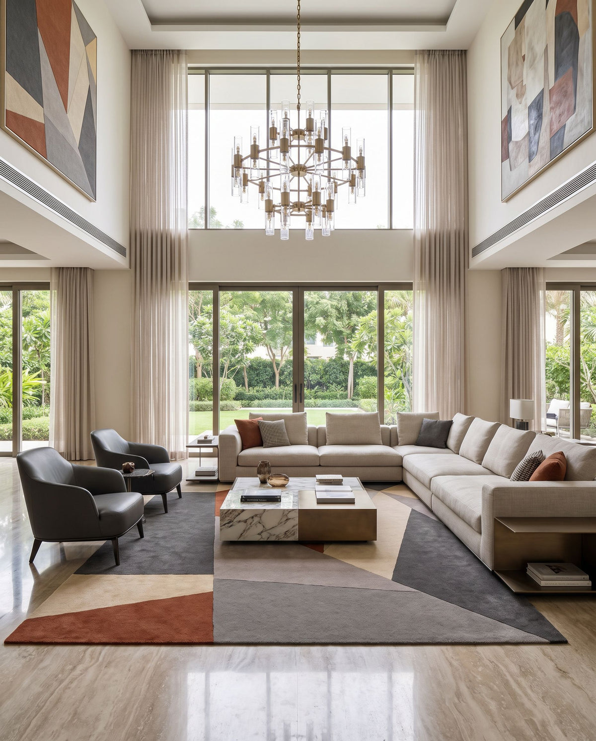 Tove Hand Tufted Rug as the centerpiece of a bright luxury living room — a hand tufted modern area rug in rust, charcoal, taupe and tan tones