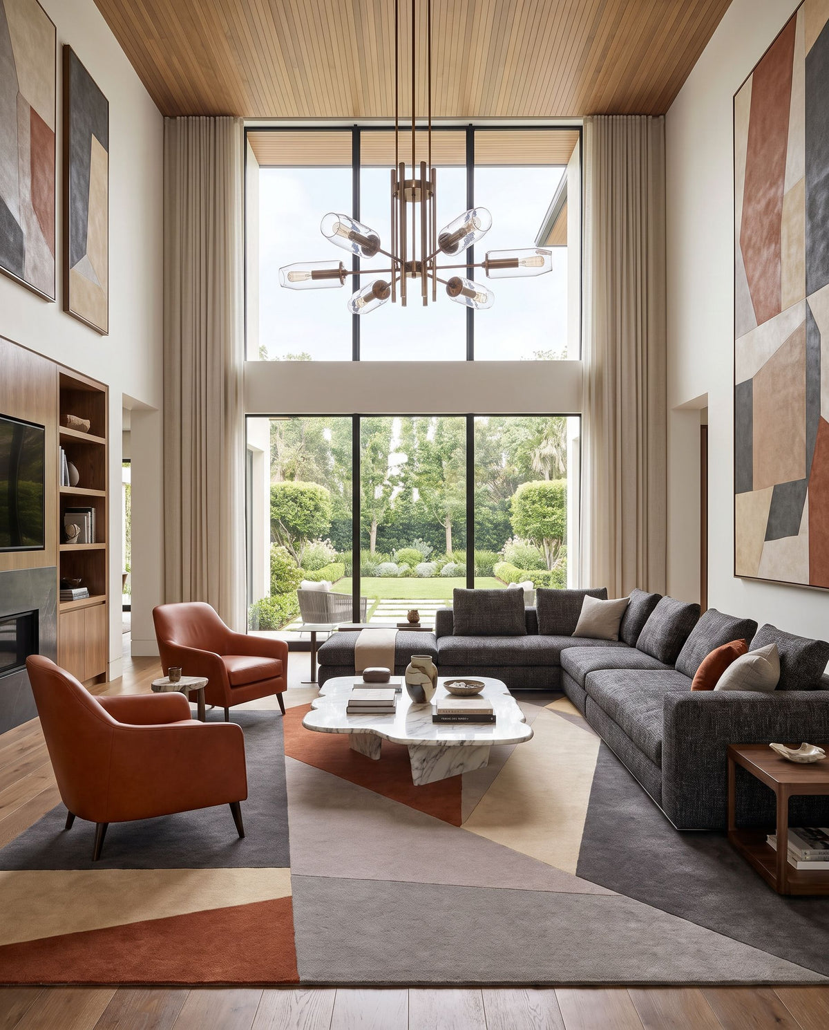 Tove Hand Tufted Rug styled in an elegant designer living room — hand tufted modern area rug in rust, charcoal, taupe and tan tones