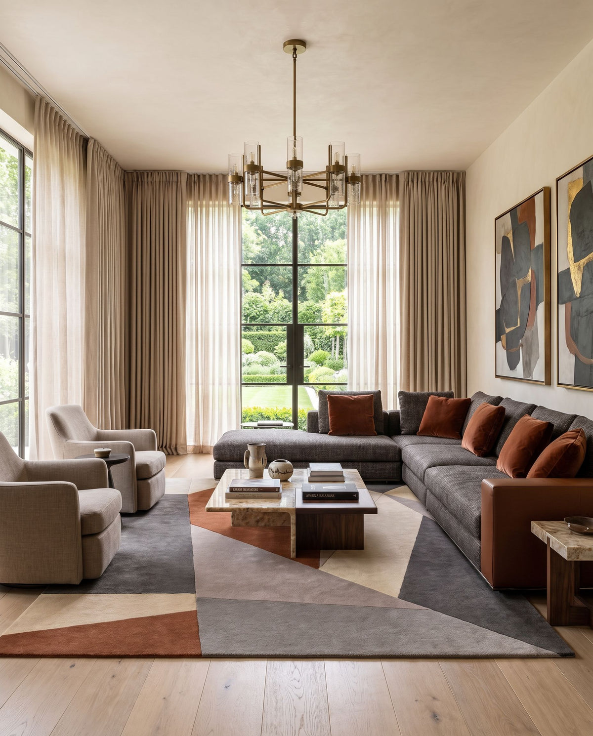 Tove Hand Tufted Rug styled in an elegant designer living room — hand tufted modern area rug in rust, charcoal, taupe and tan tones