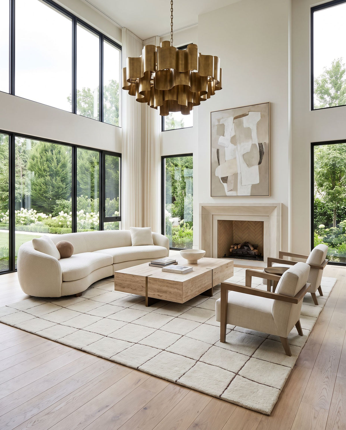 Tozlu Hand Tufted Rug styled in an elegant designer living room — hand tufted global area rug in ivory and charcoal tones