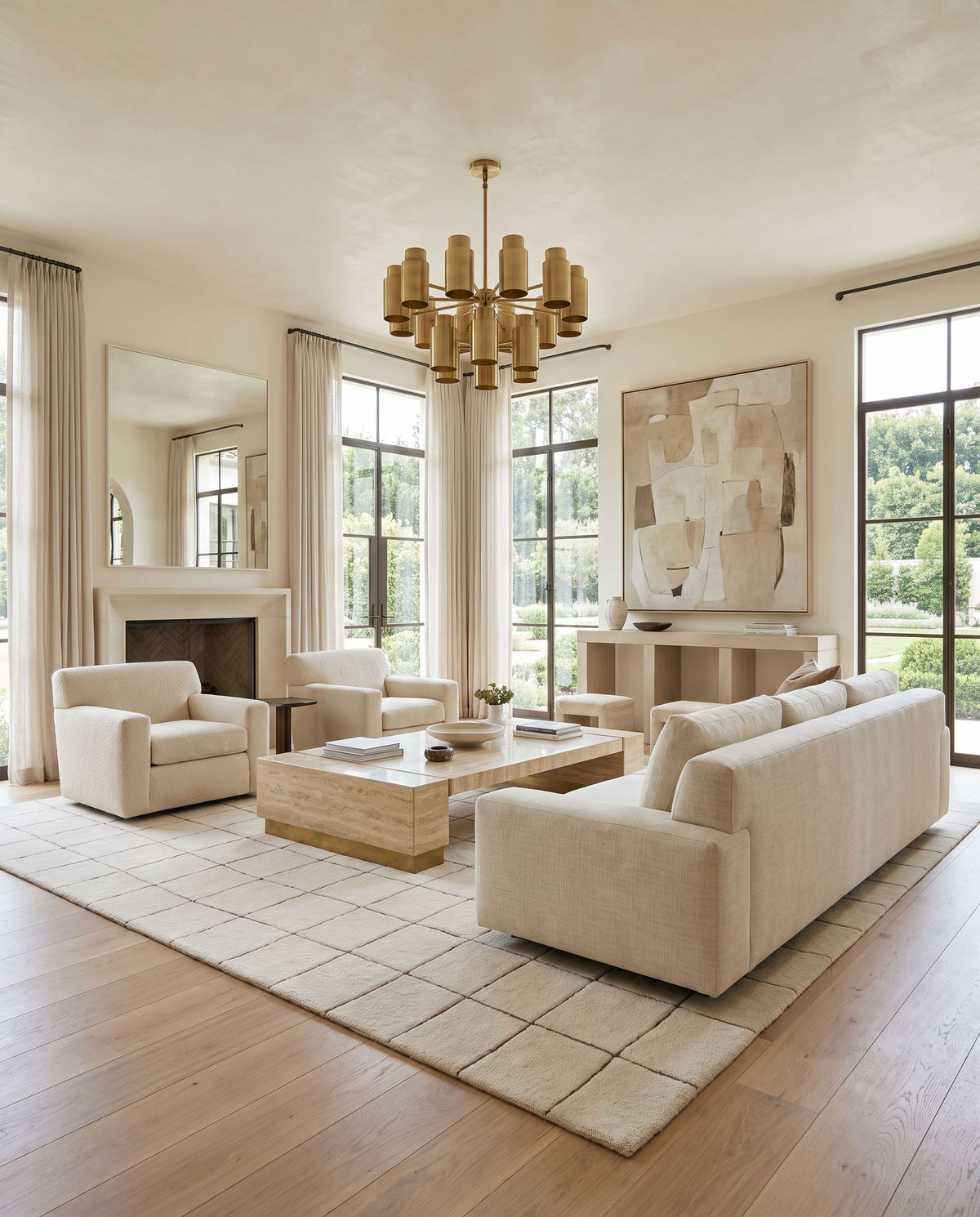 Tozlu Hand Tufted Rug styled in an elegant designer living room — hand tufted global area rug in ivory and charcoal tones