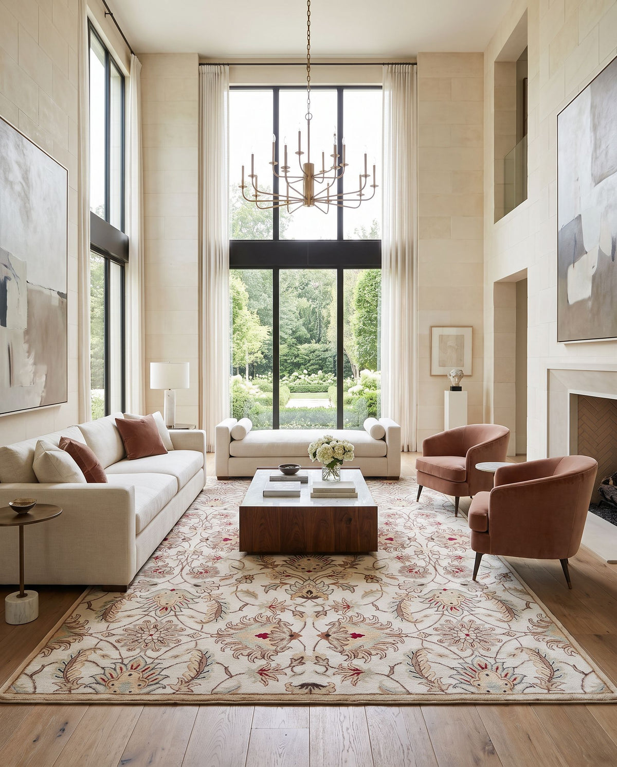 Umea Hand Tufted Rug as the centerpiece of a bright luxury living room — a hand tufted traditional area rug in medium gray, tan, medium brown and dark brown tones
