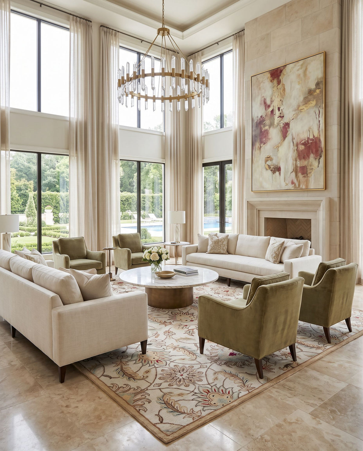 Umea Hand Tufted Rug styled in an elegant designer living room — hand tufted traditional area rug in medium gray, tan, medium brown and dark brown tones