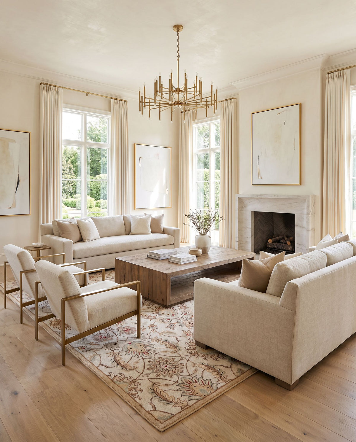 Umea Hand Tufted Rug styled in an elegant designer living room — hand tufted traditional area rug in medium gray, tan, medium brown and dark brown tones