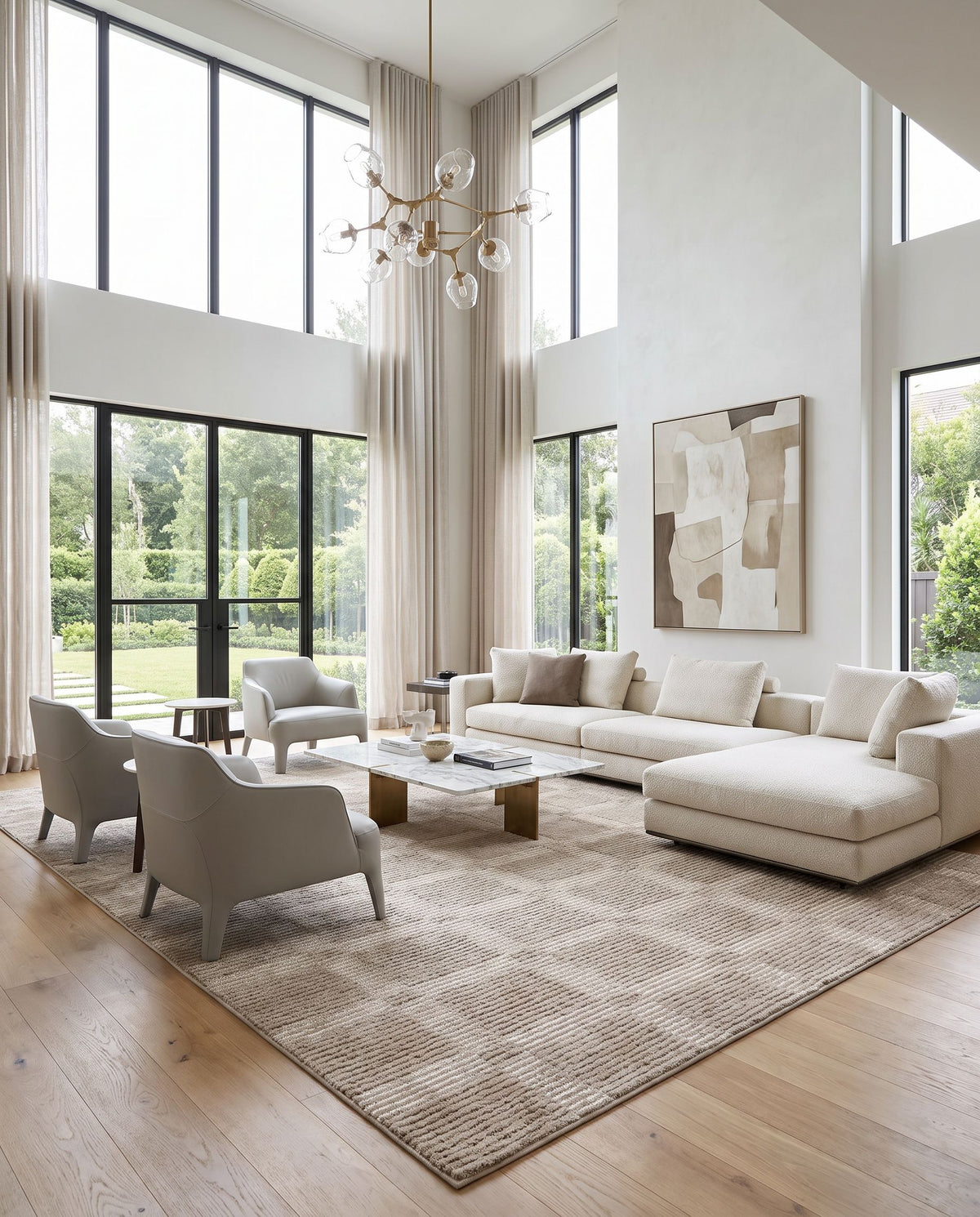 Urgup Hand Tufted Rug styled in an elegant designer living room — hand tufted modern area rug in warm neutral tones
