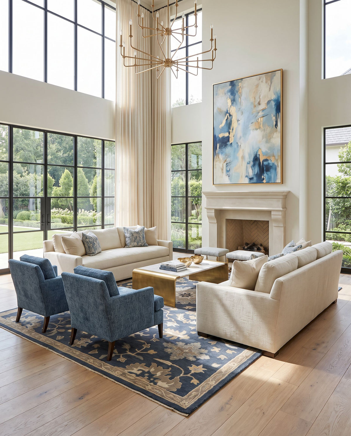 Viborg Hand Tufted Rug as the centerpiece of a bright luxury living room — a hand tufted traditional area rug in navy, brown, medium gray and light beige tones