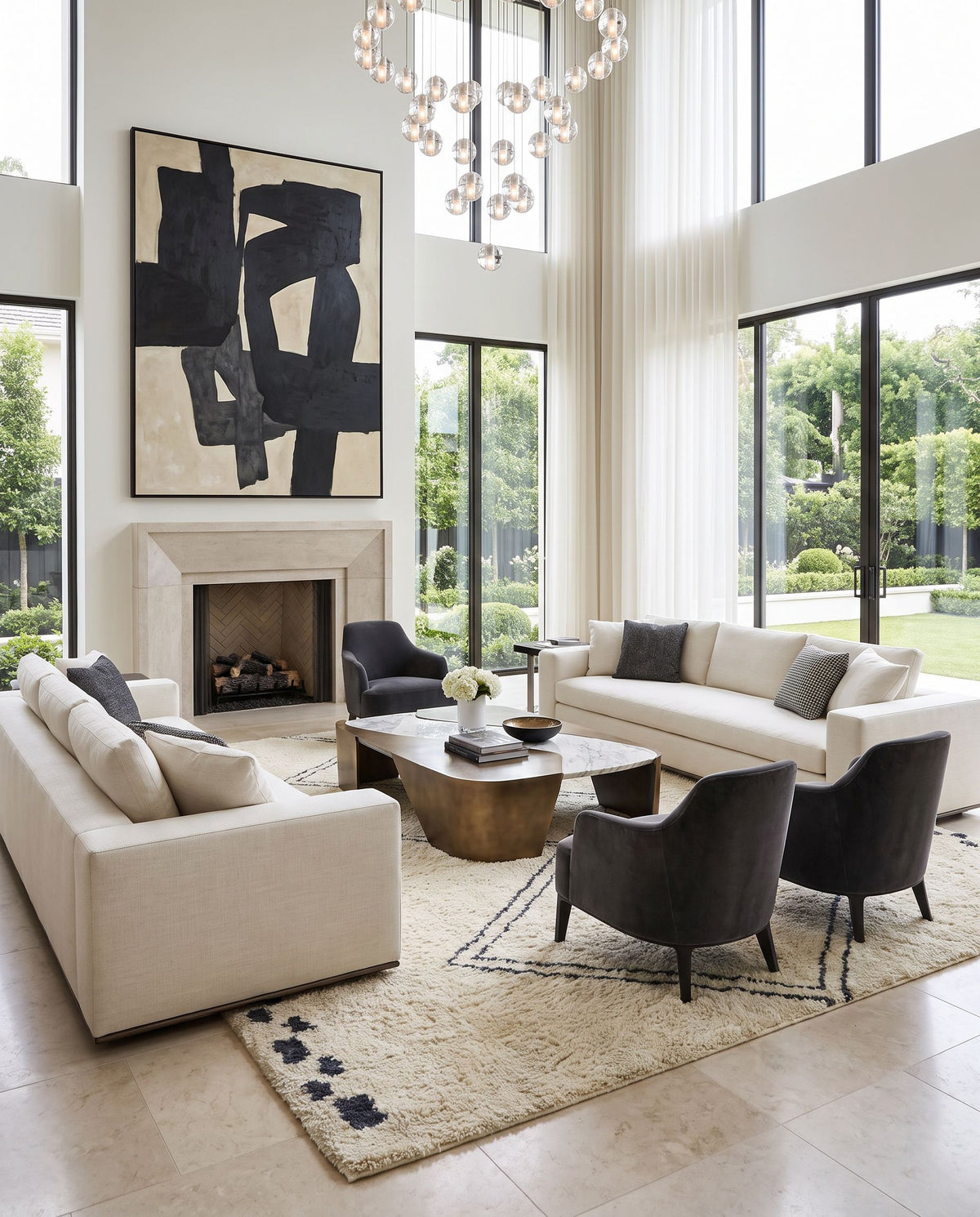 Volos Hand Tufted Rug as the centerpiece of a bright luxury living room — a hand tufted global area rug in ivory and charcoal tones