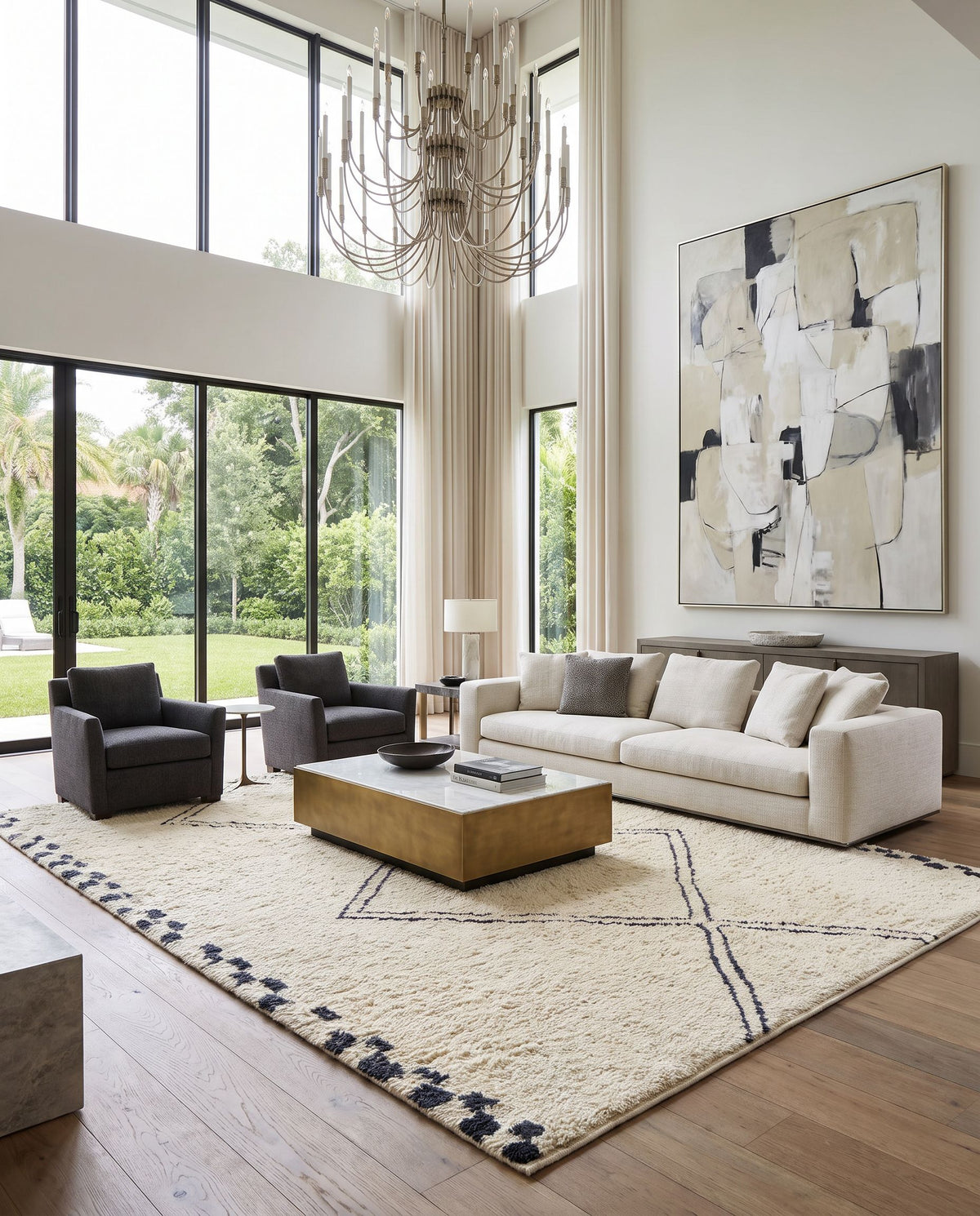 Volos Hand Tufted Rug styled in an elegant designer living room — hand tufted global area rug in ivory and charcoal tones