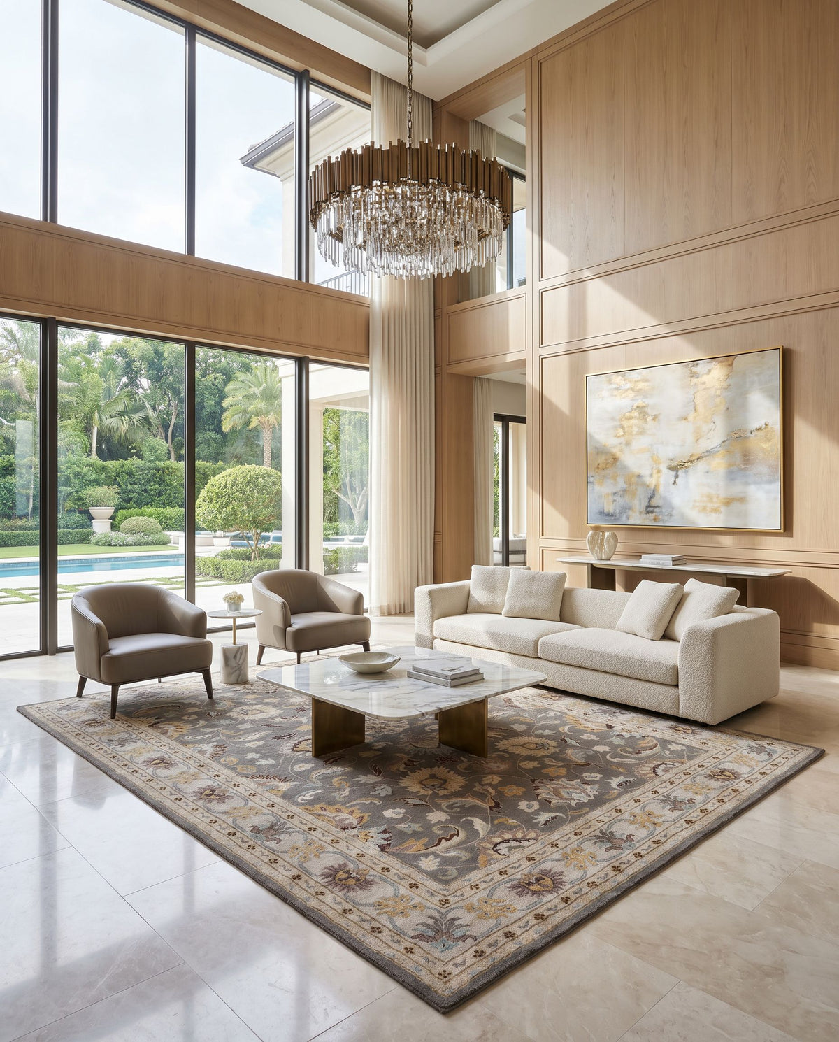 Verbena Hand Tufted Rug as the centerpiece of a bright luxury living room — a hand tufted traditional area rug in charcoal, taupe, tan and dark brown tones