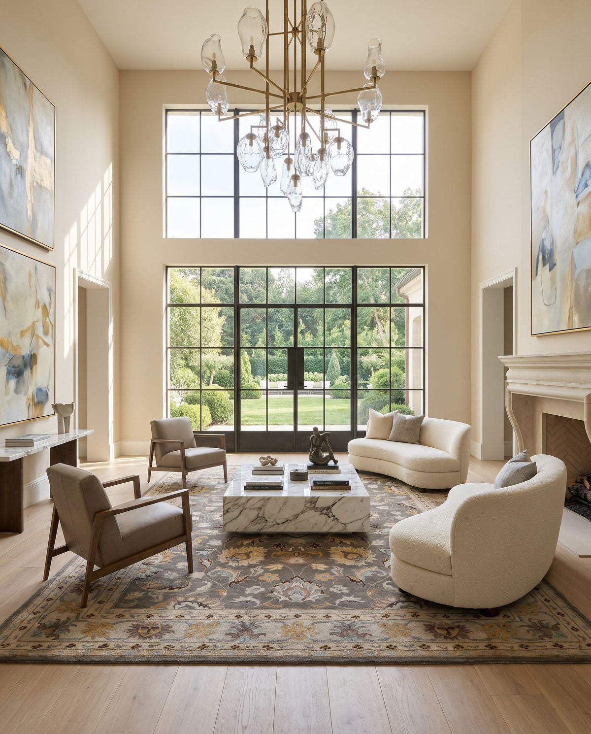 Verbena Hand Tufted Rug styled in an elegant designer living room — hand tufted traditional area rug in charcoal, taupe, tan and dark brown tones