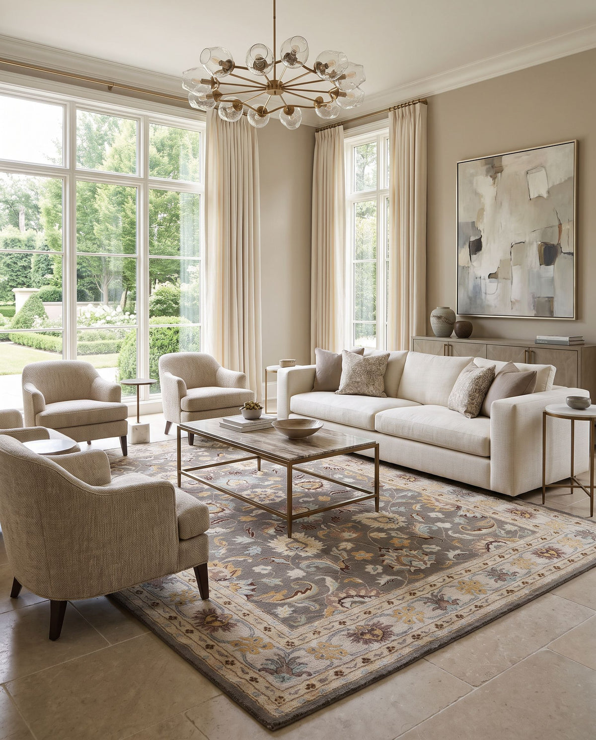 Verbena Hand Tufted Rug styled in an elegant designer living room — hand tufted traditional area rug in charcoal, taupe, tan and dark brown tones
