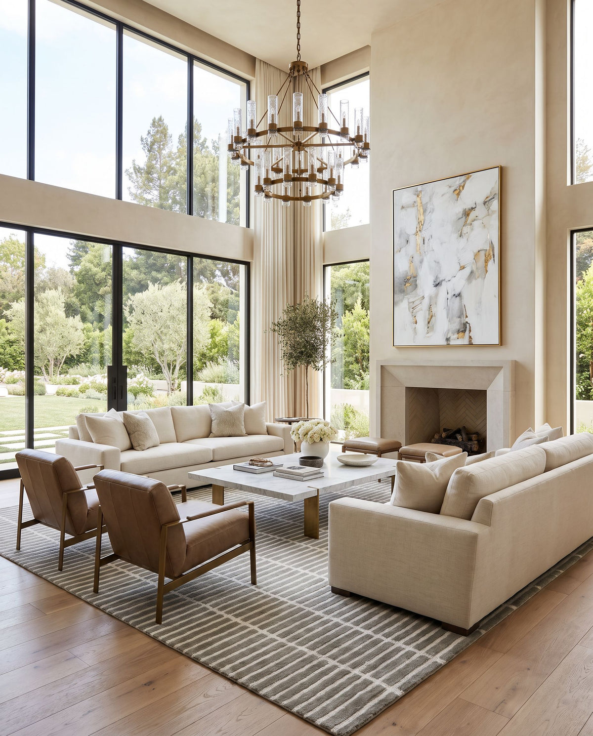 Varazze Hand Tufted Rug styled in an elegant designer living room — hand tufted modern area rug in warm neutral tones