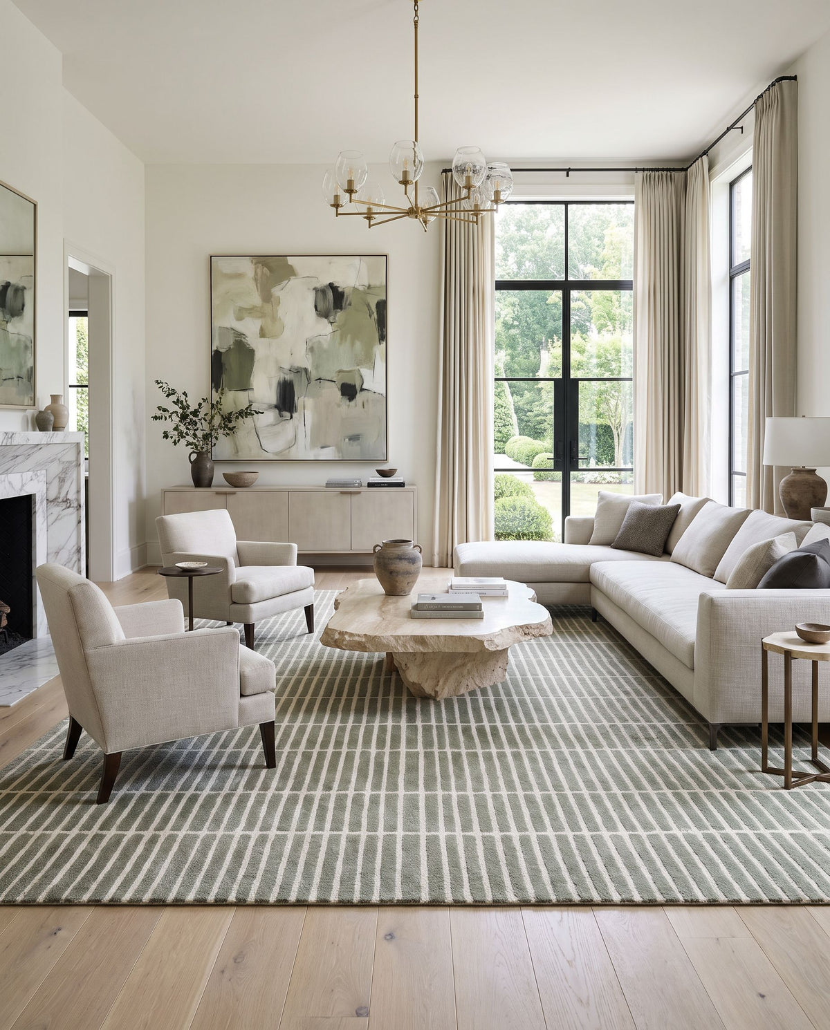 Varazze Hand Tufted Rug styled in an elegant designer living room — hand tufted modern area rug in warm neutral tones