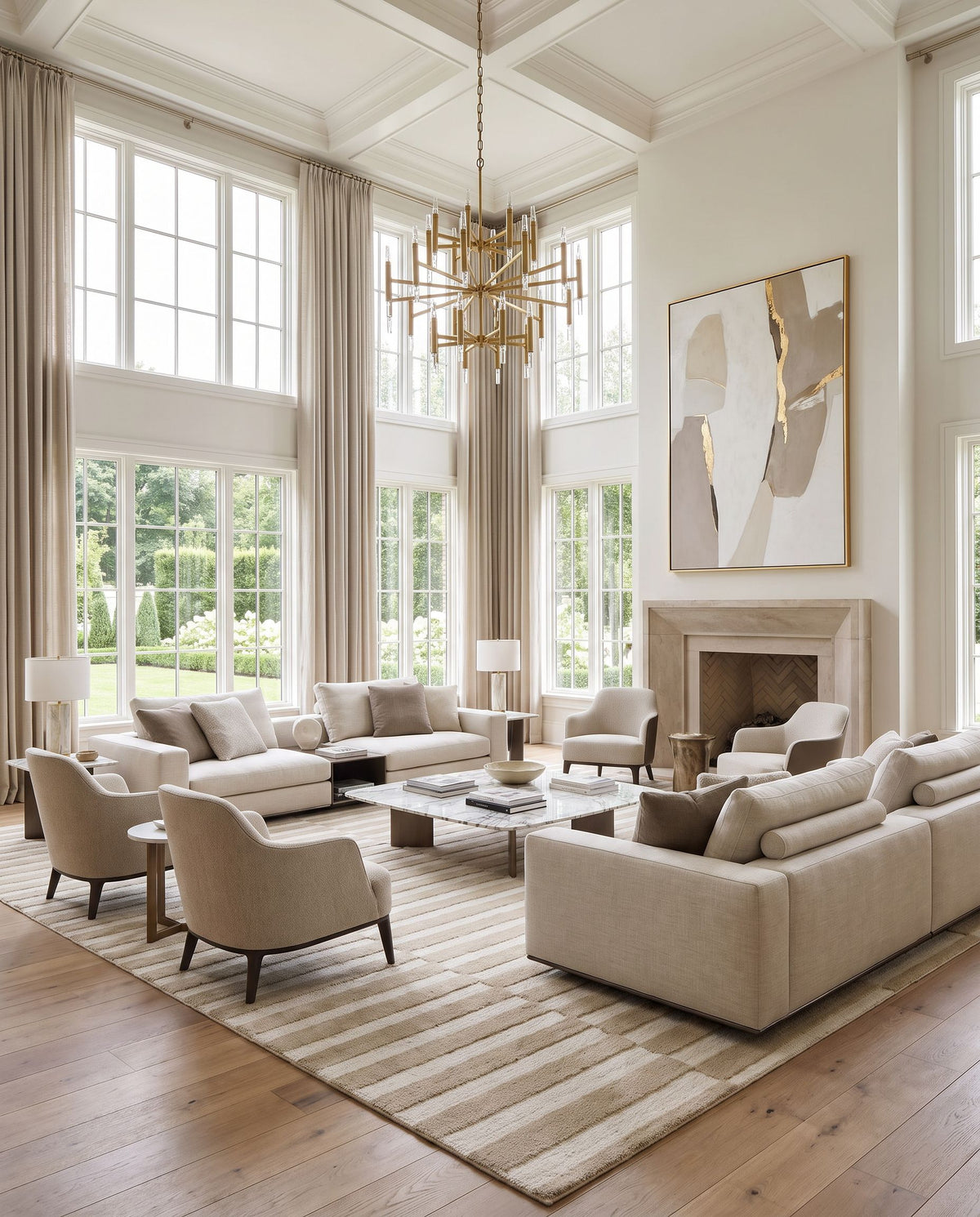 Yahyali Hand Tufted Rug as the centerpiece of a bright luxury living room — a hand tufted modern area rug in beige, ivory and sand tones