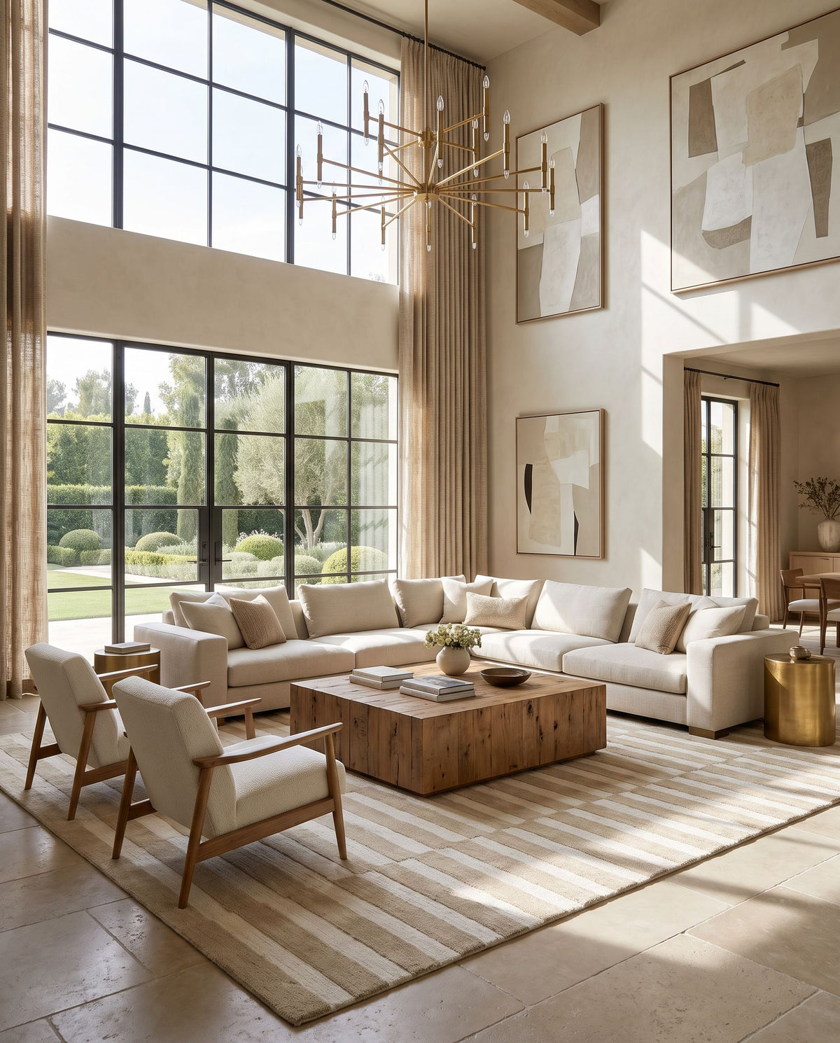 Yahyali Hand Tufted Rug styled in an elegant designer living room — hand tufted modern area rug in beige, ivory and sand tones